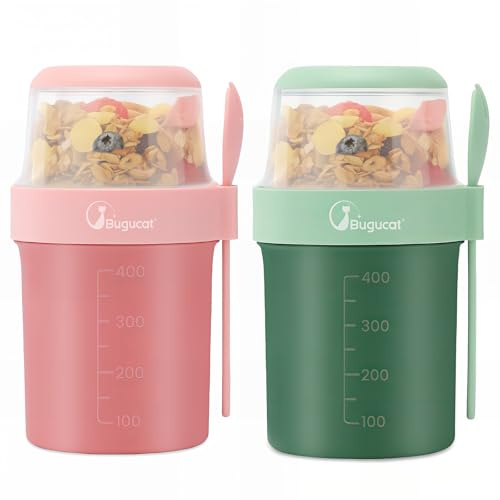Bugucat Flingskopp 560 ml + 310 ml, 2 st yoghurtkoppar plast mjölkburk med lock, läckagesäker frukostbehållare yoghurtkruka med såsbehållare, yoghurtbehållare för havregrynsgröt sallad, grön + rosa