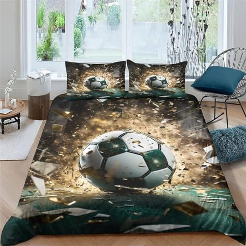 Bettwäsche 200x200 FußBall Bettwäsche Set 3D Bedruckte Bettbezug Set mit ReißVerschluss, Weich Flauschige Hypoallergen Bettbezug + 2 Kissenbezug