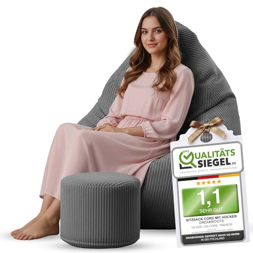 DreamRoots Sitzsack Erwachsene Cord 80x80x120 mit Hocker, Frost Gray | Bean Bag Chair mit Hocker, Lehne & Bezug, mit Füllung, Sitzkissen Boden, für Teenager & Erwachsene