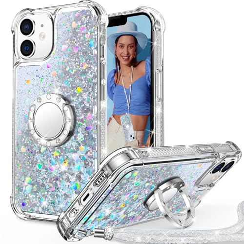 Unlicaku Glitter Case for iPhone 12/12 Pro, Ring Stand & Lanyard, Silver | Bling Sparkle Diamond Protective Phone Cover for Women Girls
