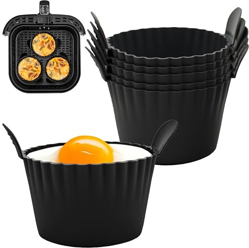 JacksGifts Premium Silicone Ramekins for Air Fryer - Double Thickness Silicone Muffin Moulds, Air Fryer Egg Mould for Fried Eggs, Air Fryer accessories (6 Pack, Black)