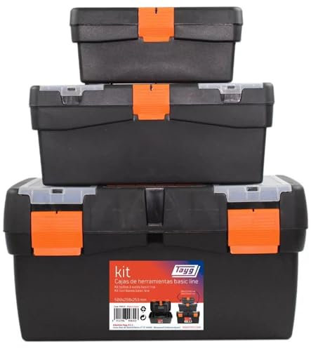 Tayg Pack 3 Cajas Herramientas Basic Line 12” + 16” + 20” - Soporta hasta 120 kg, Cierres de Plástico, Caja Herramientas Vacia, Polipropileno 100% Reciclado