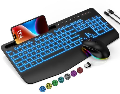 Juego de ratón para teclado inalámbrico, 7 retroiluminación a color, reposamuñecas, teclado ergonómico recargable con soporte para teléfono, iluminación silenciosa para Windows, Mac, PC (negro)