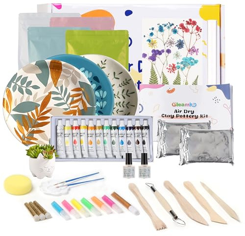 Gleamkid Kit de Arcilla de Secado al Aire,Kit de Cerámica para Principiantes, Kit de Arcilla para Adultos,12 Pinturas/6 Tonos Fluorescentes/Herramientas para Esculpir/Flor Seca/Polvo de Purpurina