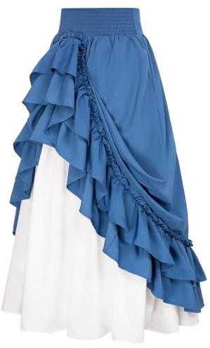 Maxi Dress Women's Pirate Gothic Vintage Patchwork Ruffle Layered Swing Skirt Stretch High Waist A-Line Midi Steampunk Retro Victorian Tiered Skirt Blue