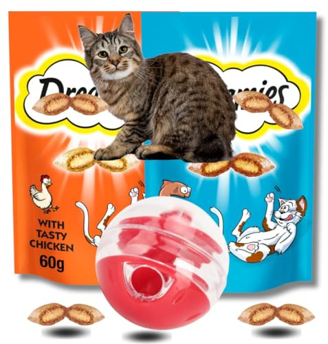 Cat Treat Dispenser Toy with Crunchy Chicken & Salmon Flavoured Cat Snacks for Indoor Cats and Kittens (2 x 60g)
