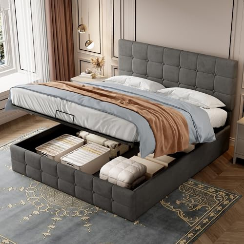 Jtyca Velvet Ottoman Bed Frame - 4FT6 Double Bed with Storage, Gas Lift End Opening, Wooden Slats, Grey (Without Mattress)