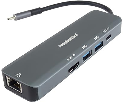 PremiumCord Base USB-C con 4K HDMI, 2X USB 3.2, RJ45 10/100/1000mbps Y PD 100W, Resolución UHD 4K 2160p 30Hz, Full HD 1080p, USB 3.2 Tipo C, Plug and Play, Carcasa de Aluminio, Longitud 20cm