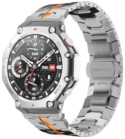 HinZann Metal Correa Compatible con Amazfit T-Rex 3, Band de Reloj de Acero Inoxidable, [Resistente Desgaste] Metal Pulsera de Repuesto para Amazfit T-Rex 3 - Titanio Naranja
