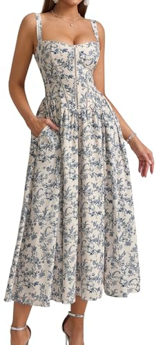 KUTUMAI Floral Corset Midi Dress Flowy Slit Summer Spring Wedding Guest Dresses for Women Sundress with Pockets BlueFloral L