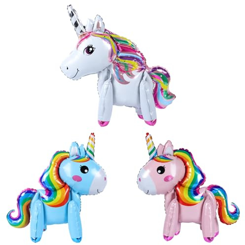 Risipu 3 Stück 3D Einhorn Luftballons Aluminiumfolie Ballon Set Walking Einhorn Dekorationen Kindergeburtstag Dekorationen