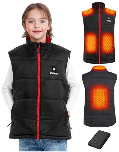 CYCYHEAT Gilet riscaldante per bambini con batteria da 7,4 V, 10000 mAh, giacca termica leggera trapuntata, per ragazze e ragazzi con tecnologia di riscaldamento migliorata, rosso, 140 cm