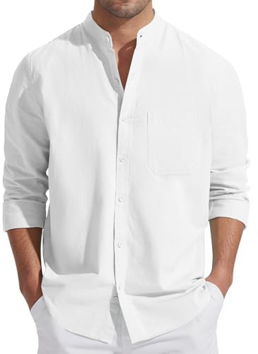 Friptspyg Camisas de Lino y Algodón para Hombre, Camisa de Lino de Manga Larga, Camisa de Verano, Cuello Alto, Camisas Informales, Camisas de Playa con Bolsillo, Blanco XXL