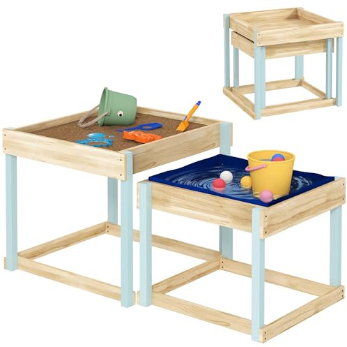 AIYAPLAY 2 PCS Wooden Sandpits, Outdoor Sand and Water Play Tables with Bottom Liner, Picnic Sensory Table for Kids Aged 3-8 Years Old, Natural Wood Finish