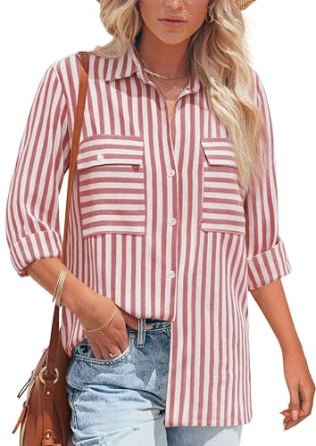 NONSAR Blusa de manga larga para mujer, a rayas, informal, de algodón, túnica de manga larga, blusa de lino
