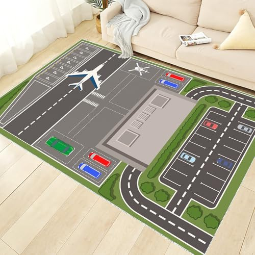 VHCLYBJU Spielmatte mit Flughafenmuster Spielteppich Straße Waschbar, rutschfest Kinderteppich Jungen & Mädchen Kinderzimmer Teppich (100x150cm)