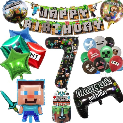 7 Year Birthday Decorations for Boys Happy Birthday Banner Balloons and Cake Toppers Gaming Theme Cartoon Supplies 7 Year Party Decorations