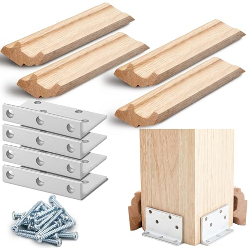 Blulu 1 Set 6 Newel Post Mounting Kit Deck Stair Floor Installation Kit | 4 Pcs L Bracket Metal Post Anchor, 4 Pcs Red Oak Wood Trim Deck Base Fasteners, Fastening Handrails Balustrades Stair Floor