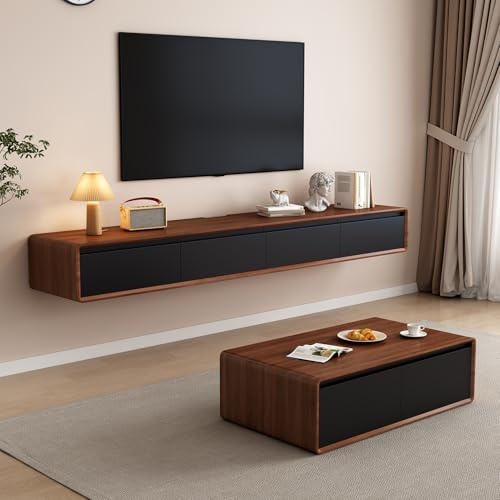 LVRUIEDS Schwebende TV-Einheit – Wandmontierte Medienkonsole mit 2 Klapptüren und 2 Schubladen, Entertainment-Center, TV-Schrank, Video-Regal für Zuhause, Walnuss und Schwarz, 200 cm