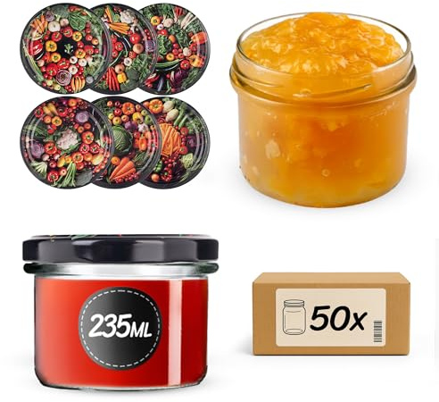 KADAX Lot de 50 bocaux à confiture en verre, 235 ml, avec couvercle à visser de 82 mm de diamètre, petits pots à confiture, pots à miel, bocaux de conservation, en verre, en verre, motif de légumes