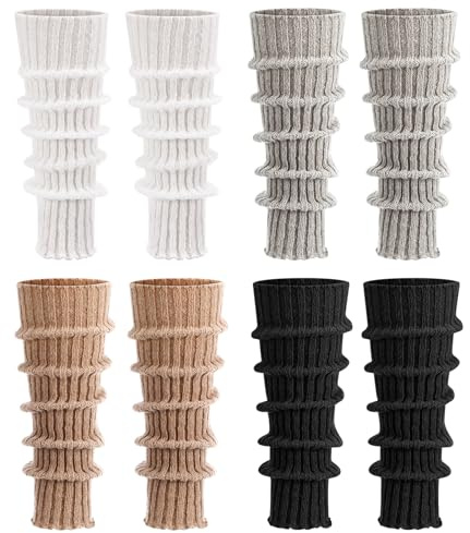4 Paar Leg Warmers,Stulpen Damen Beinstulpen Langer Beinwärmer Frauen Winterstiefelmanschetten Warme Kniewärmer Stulpen Beinstulpen Beinwärmer 90er Jahre Kawaii Häkelstulpen(Grau+Schwarz+Weiß+Khaki)