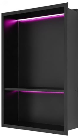 Duschnische Edelstahl Wandnische Nische für Badezimmer Dusche RGB Beleuchtung Einbau Regal Ablage mit Fernbedienung 2 Ebenen (Schwarz, 12x18 Zoll)