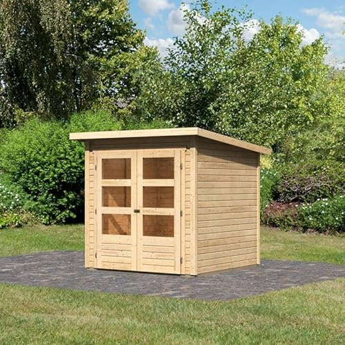 Karibu Abri de Jardin Bois Massif 3,46m² Stockach 2 | Double Porte Vitrée, Structure Robuste Épicéa Nordique | Toit Plat avec Feutre Bitumé, Kit de Fondation en Option