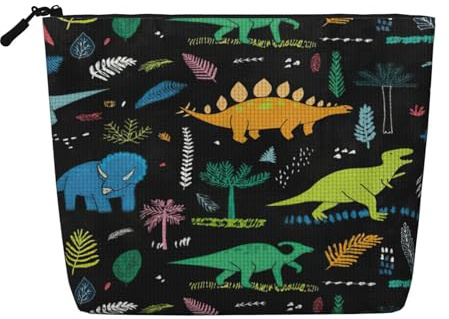 Dinosaur Palm Leaf Daily Use Makeup Bag Fake Hemp Travel Toiletry Organizer Large Capacity Water Resistant