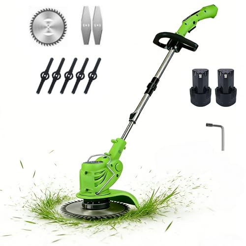Desbrozadora Batería 800W,Desbrozadora Eléctrico sin Cable con 2 Baterías y 3 Cuchillas,Velocidad 18000 RPM,Longitud Retráctil,para el Mantenimiento de Patios y Jardines (Verdes Dos baterías)