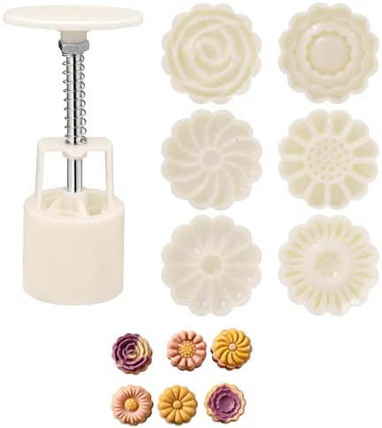 MaoNativey Moon Cake Mould 50g – Mooncake Mould Press with 6 Flower Stamps, Mooncake Mold Flower Stamps Set for DIY Mooncakes, Dessert, Cupcake, and Pastry Making