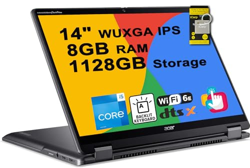acer Chromebook Plus Spin 514 2-in-1 Laptop 14 WUXGA IPS Touchscreen (100% sRGB) Intel 10-core i5-1334U 8GB RAM 1128GB Storage (1TB SSD + 128GB SD Card) Backlit Type-c ICP Hub w/Google AI