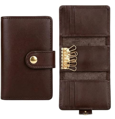 ELVOZA Full Grain Leather Key Vault Wallet – Compact Trifold Key Organizer with RFID Protection, 6 Key Hooks, 6 Card Slots & 2 Cash Compartments for Men & Women (Brown)