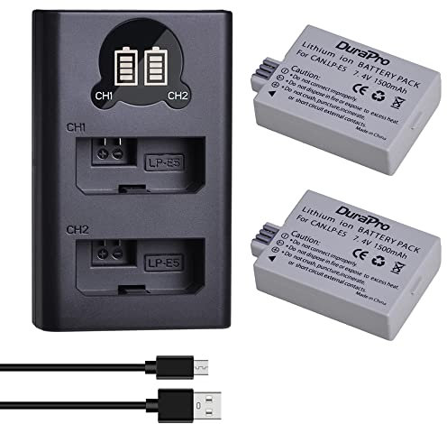 DuraPro 2Pcs LP-E5 Battery + LED USB Dual Charger with Type C Port for Canon LP-E5 and Canon EOS Rebel XS, Rebel T1i, Rebel XSi, 1000D, 500D, 450D, Kiss X3, Kiss X2, Kiss F Cameras