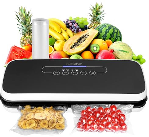 NutriChef Machine Sous Vide Automatique – Scelleuse Alimentaire pour Aliments Secs et Humides, Écran Tactile LED, Sacs Inclus, Tuyau Aspiration et Bouchon Vin, Compacte, Noire