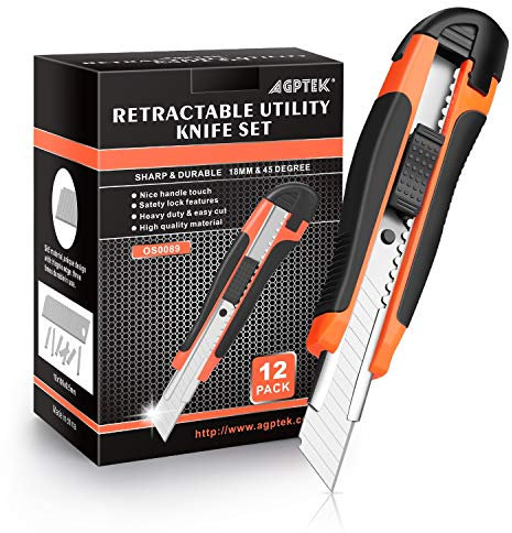 Scatola Cutter, AGPtEK Confezione Convenienza da 12 Taglierini con Lama Retrattili di Sicurezza da 18mm con 12 Lame di Ricambio Extra, Perfetti per Carta, Cartone, Coupon e Tessuti