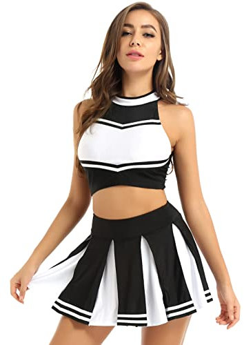 iiniim Damen Cheer Leader Cheerleading Kostüm Crop Tops mit Faltenrock Tanzkleid Cheer Outfits Halloween Fasching Karneval Verkleidung Schwarz S