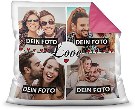 Print Royal Kissen mit Füllung - Fotocollage selbst gestalten mit Spruch - Love - mit Vier eigenen Fotos - Geschenkidee Fotokissen - Farbkissen Rückseite Pink