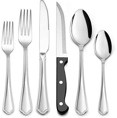 Herogo Besteck Set für 6 Personen, 36-teiliges Edelstahl Besteckset mit Steakmessern, Poliert Essbesteck Set mit Gabel Messer Löffel für Home Restaurant, Spülmaschinenfest (Modern)