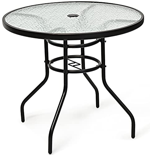 GYMAX 80 cm de Diámetro, Resistente a la Intemperie con Agujero para Sombrilla, Mesa de Jardín con Tablero de Cristal y Estructura de Metal, Mesa Redonda para Balcón, Terraza, Jardín