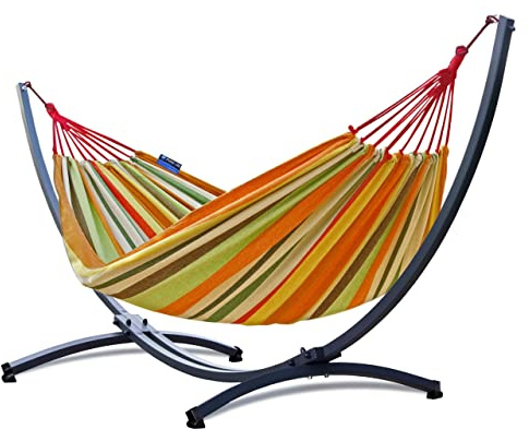 Potenza Outdoor Hängematte mit Gestell für 2 Personen I Baumwolle Doppelhängematte XXL 220x160, 200kg I Hängemattengestell 220kg, wetterfest (Orange, Basic Gestell Graphit)
