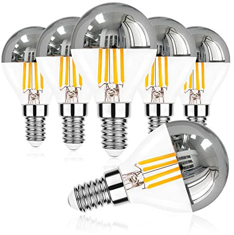 P45 Lampada a LED Edison dimmerabile 4W, Lampadina a LED con corona d'argento, equivalente a 40 Watt, Base per candelabri E14, Retro bianco caldo 2700K, Lampadina a specchio vintage, 6 pezzi