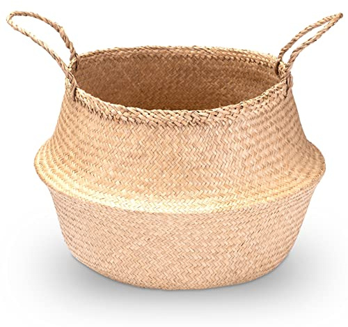Decorasian Seegras Korb rund geflochten, Körbe zur Aufbewahrung und als Blumenkorb - Übertopf in Bast BZW. Rattan Optik - Seegraskorb mit Henkel zum Tragen - Wäschekorb - 45cm