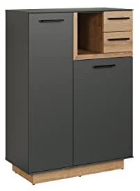 trendteam smart living - Synnax - Kommode - Anthrazit/Evoke Eiche - Garderobenschrank mit ingesamt 6 Fächern - (BxHxT) 80 x 113 x 40 cm - 2 Schubladen für Kleinigkeiten - kratzfest | B 80 x H 113 x T 40 cm · Soft-Close-Dämpfer · Unterflur-Vollauszug · 2 Türen, 2 Schubladen, 1 offenes Fach, 3 Einlegeböden