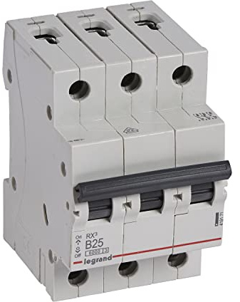 Legrand, RX3, 4 pezzi, interruttore di protezione termico-magnetico, caratteristiche B, 25 A, 3 poli, 6000 A, capacità di spegnimento, 400 VAC, 3TE, 419171