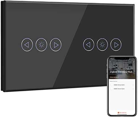 BSEED Doppel Smart ZigBee Dimmer Schalter für Led Lampe, Smart Home ZigBee Schalter, Wandschalter Lichtschalter Unterputz Glas arbeitet Smart Life/Tuya, Alexa Schwarz(Hub erforderlich)