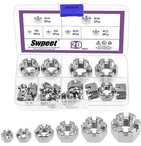 Swpeet 20Pcs 6 Tamaños Plata M6 M8 M10 M12 M14 M16 304 Acero inoxidable Hexágono ranurado Kit de surtido de tuercas, tuercas de castillo hexagonales tuercas hexagonales para reparación de fijadores