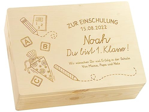 LAUBLUST Holzkiste mit Gravur - Personalisiert mit Datum | Name | WIDMUNG - Naturbelassen, Größe L - Schultüte Motiv - Geschenkkiste zur Einschulung - FSC®