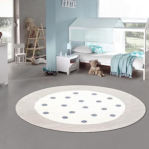 Teppich-Traum Kinderteppich Hochflor Rund Punkte Creme Grau Ø 120 cm | Weicher, flauschiger Kinderzimmerteppich, pflegeleicht, robust, gekettelt, schadstofffrei, OEKO-TEX geprüft, 18 mm Flor