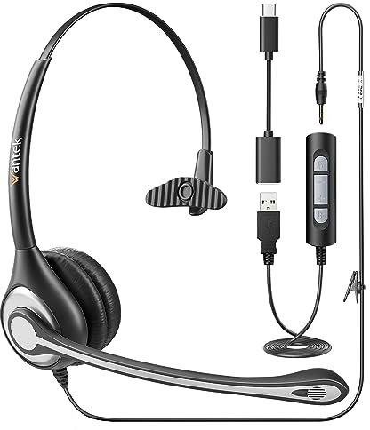 Wantek USB Wired Headset with One-Ear Noise Cancellation Headphone and One Microphone - Connect to PC Mac via USB or Other Devices with 3.5 MM Jack