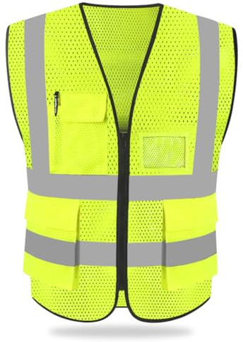 HYCOPROT Hi Vis Viz High Visibility Reflective Safety Vest Waistcoats Jacket Workwear Executive Zip 2 Band Security Mobile Phone Pocket ID Holder (Yellow-mesh, XXL)